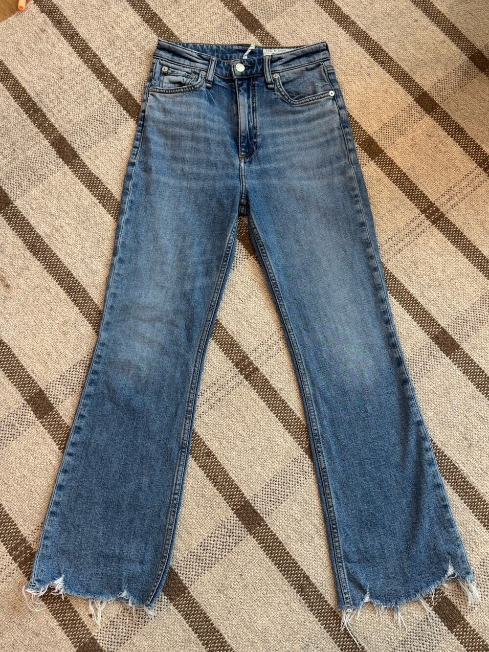 Rag & Bone Casey High Rise Flare Jeans 24 Mid Wash Raw Hem